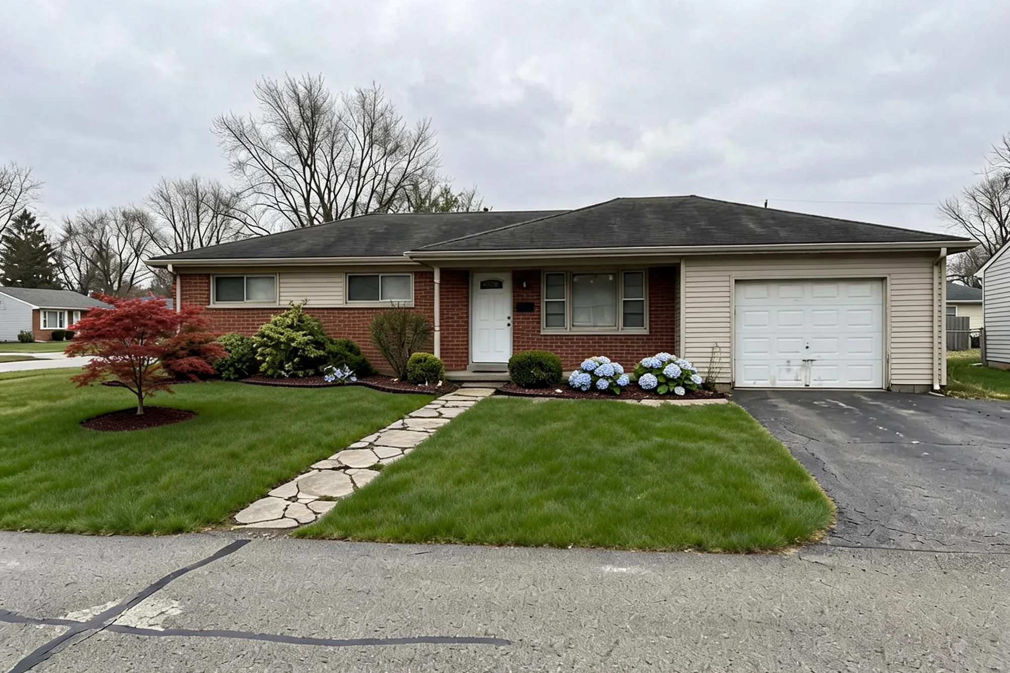 A ranch front yard and driveway redesigned by AI, the house kept intact