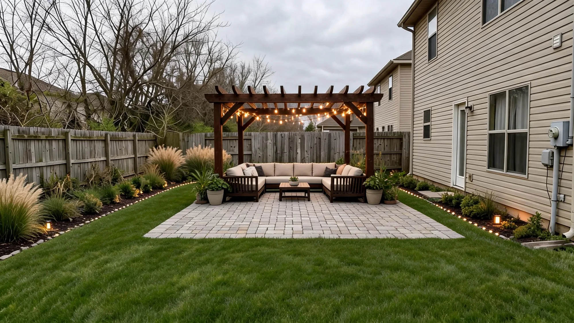 A backyard lawn and patio redesigned by AI, the house unchanged