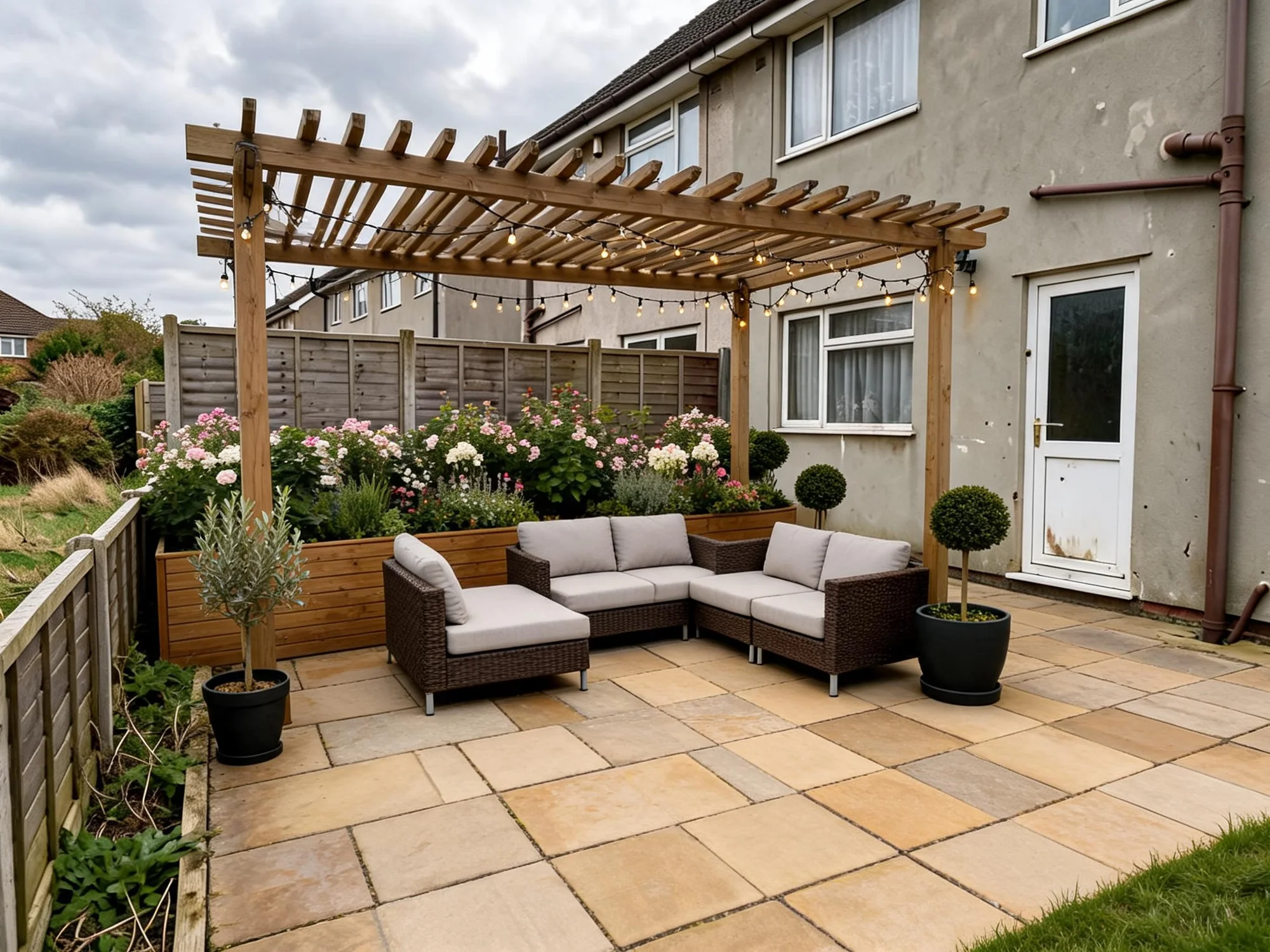 A backyard patio with a pergola and built-in planters, the house unchanged