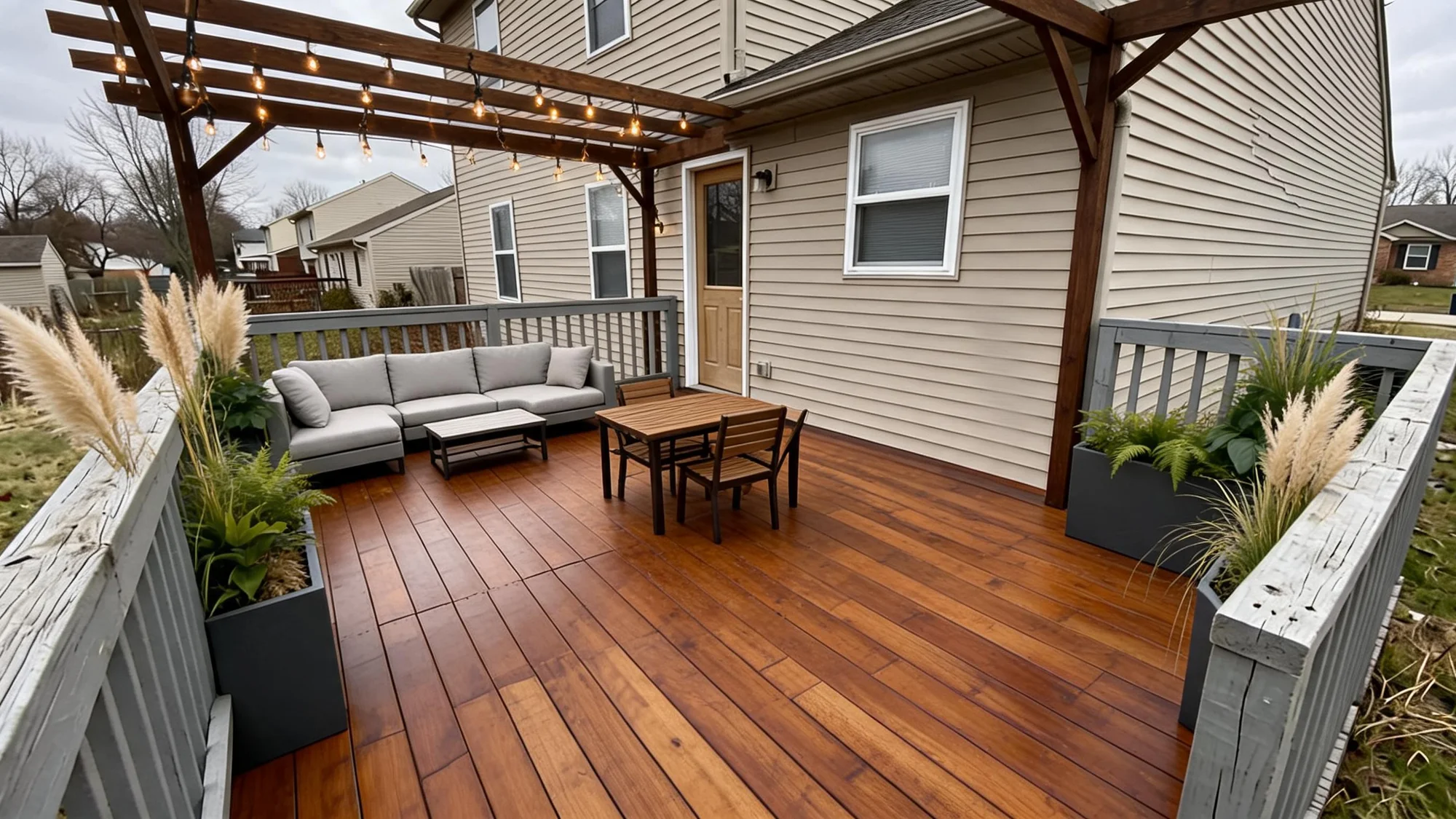 A backyard deck and planting redesigned by AI, the house unchanged