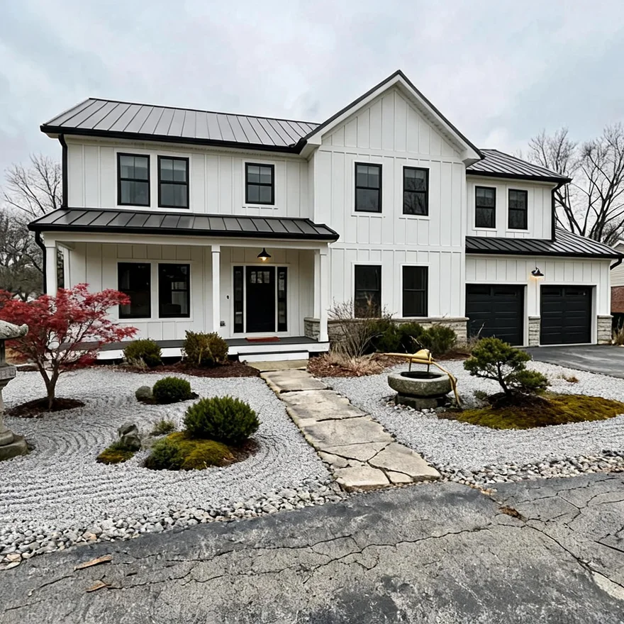 Structural evergreens, moss and gravel — zero lawn, still reads as fully designed