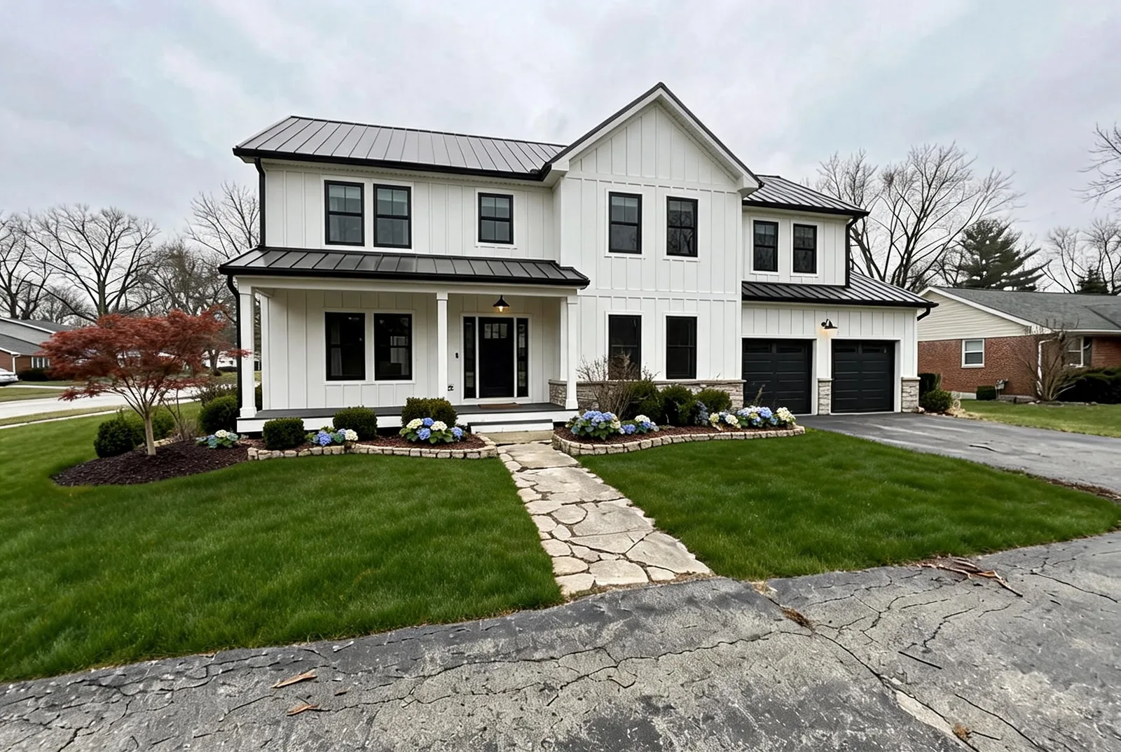 A suburban front yard redesigned into a lush garden — the house stays the same — after